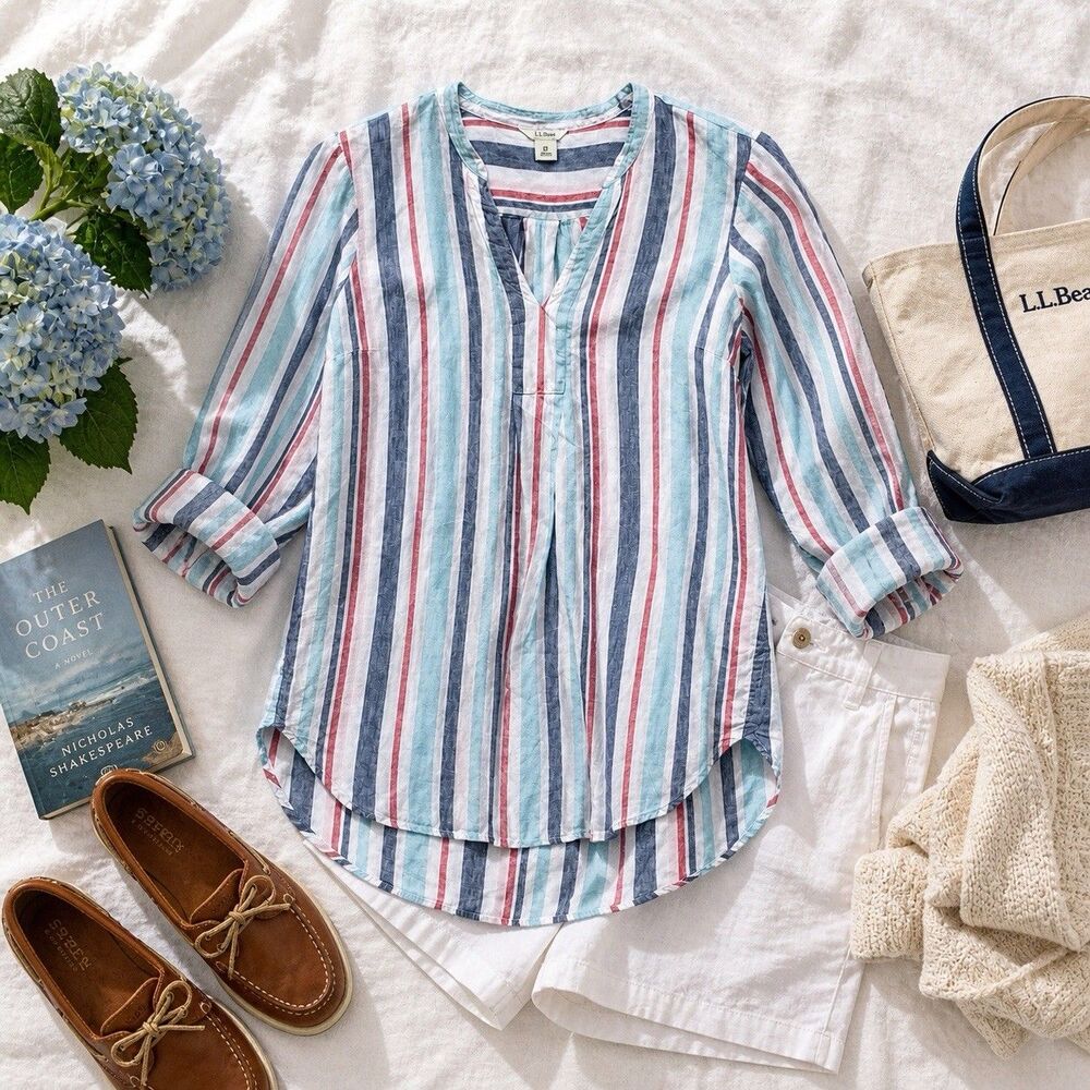 LL Bean Linen Tunic Shirt Stripe Pullover High Low Coastal Beach Vacation Top M